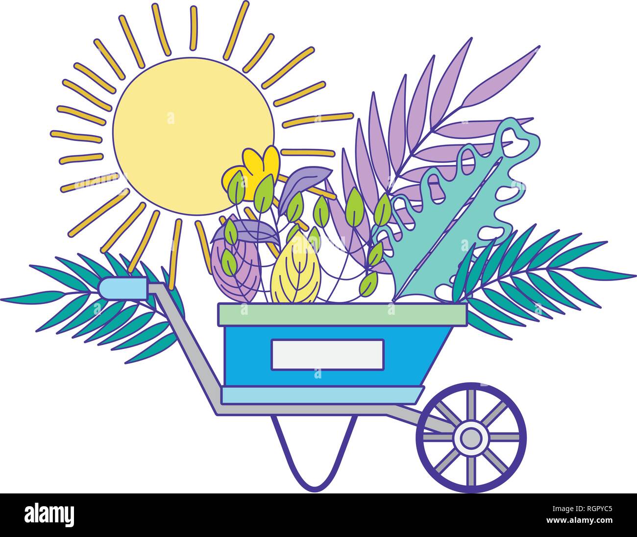 cute wheelbarrow gardening with flowers and sun Stock Vector Image ...