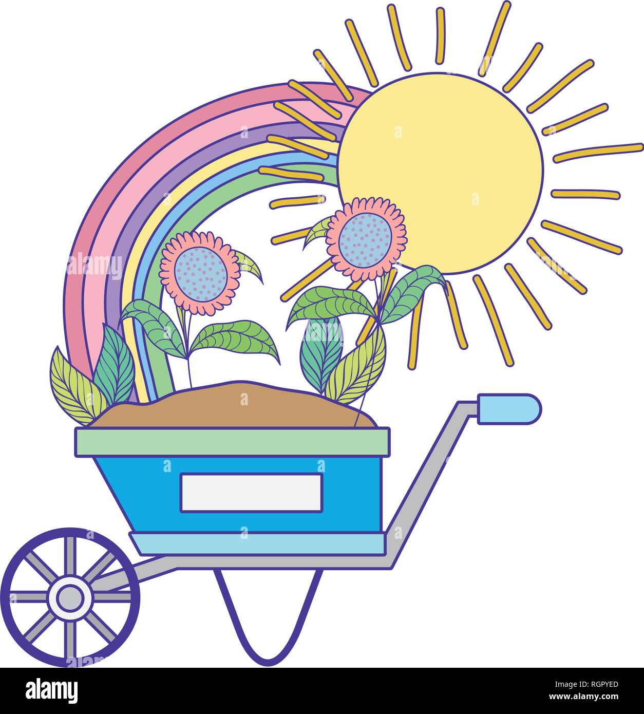 cute wheelbarrow gardening with flowers and rainbow Stock Vector Image ...