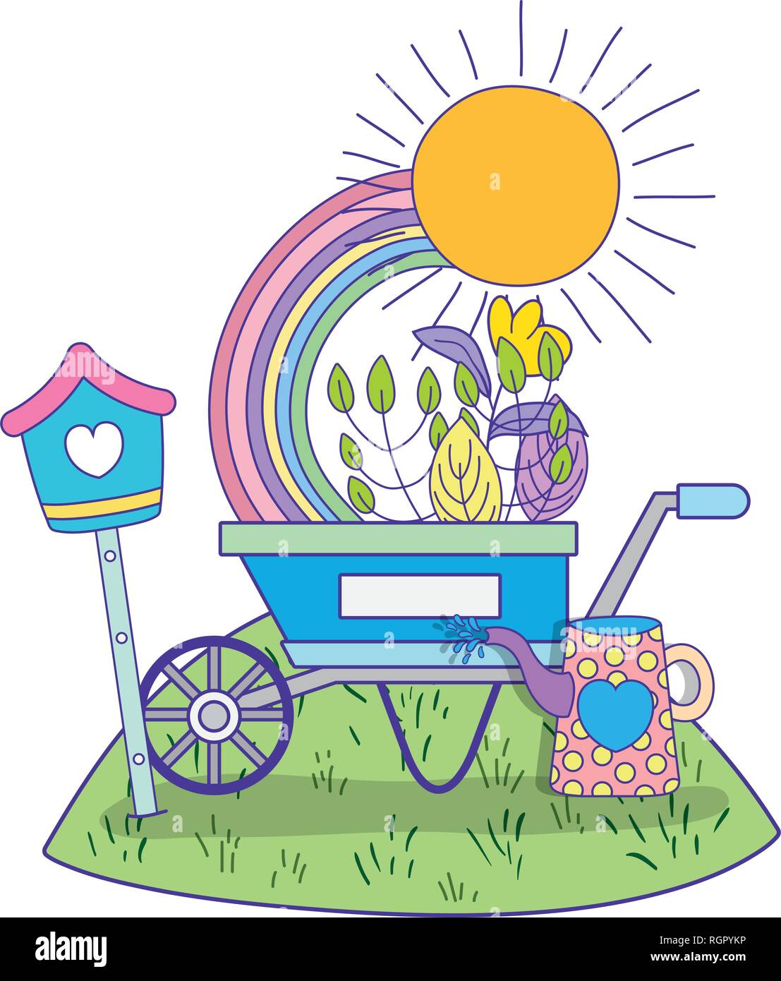 cute wheelbarrow gardening with flowers and rainbow Stock Vector Image ...