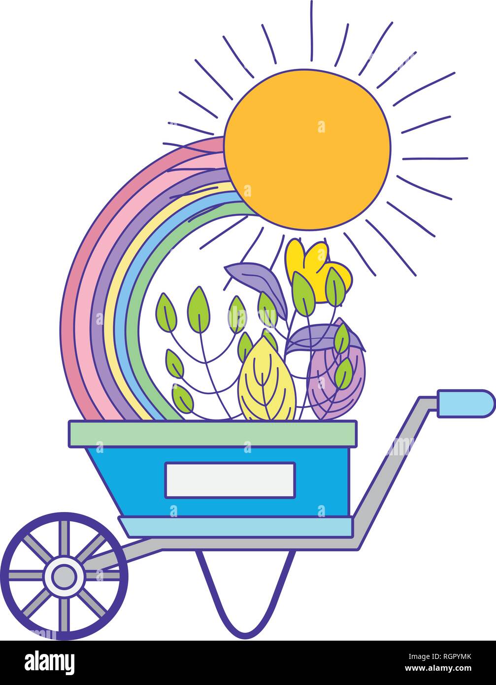 cute wheelbarrow gardening with flowers and rainbow Stock Vector Image ...