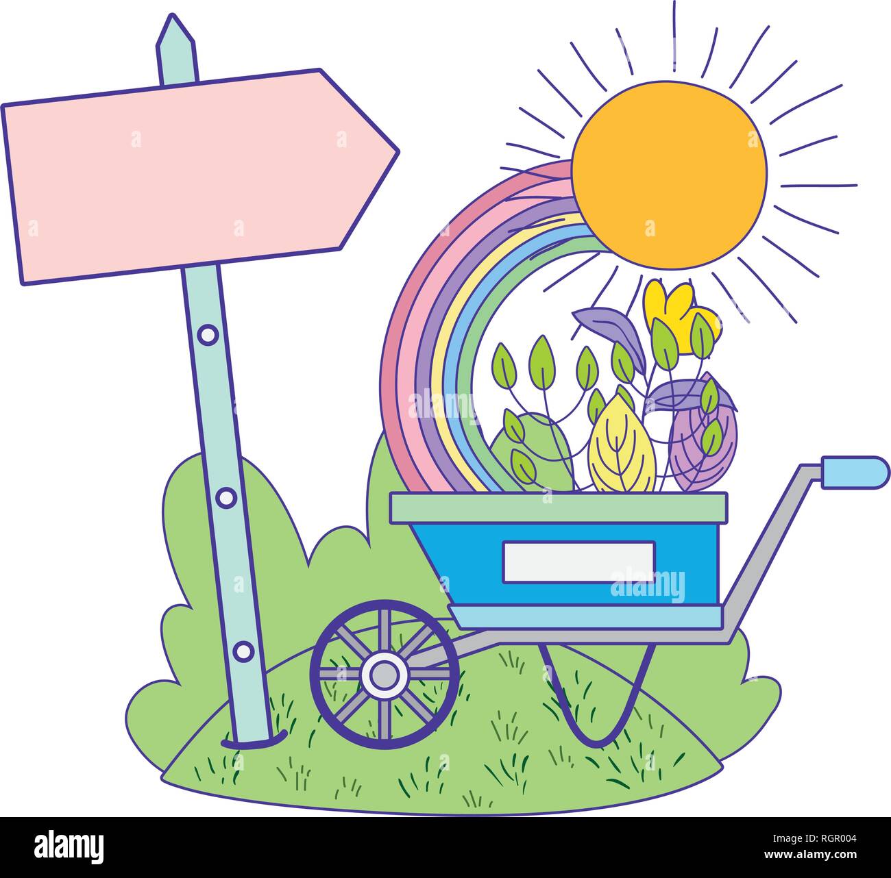 cute wheelbarrow gardening with flowers and rainbow Stock Vector Image ...