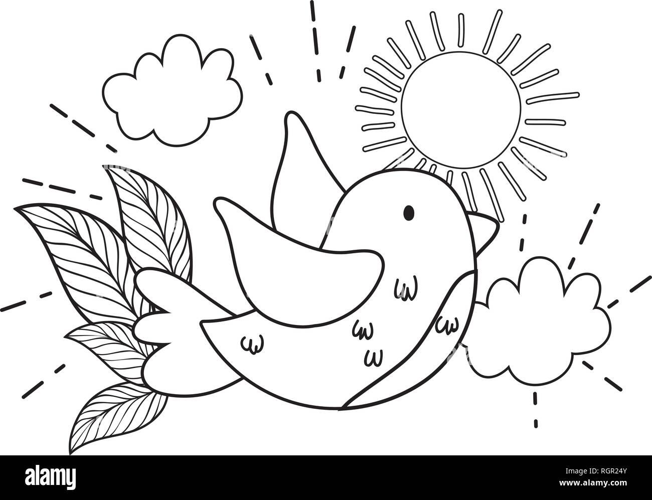 cute and little bird flying with flowers garden Stock Vector