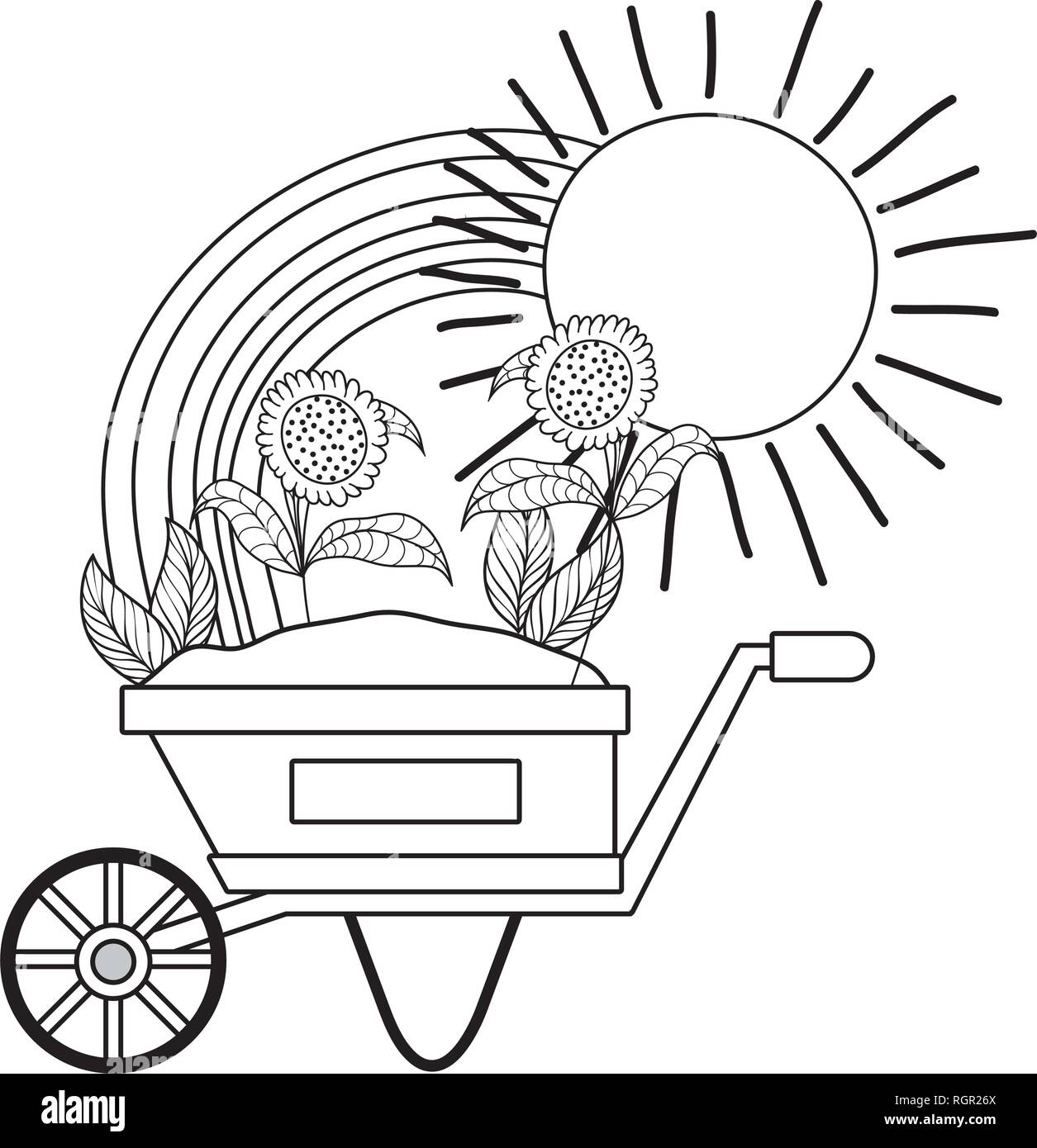 cute wheelbarrow gardening with flowers and rainbow Stock Vector Image ...
