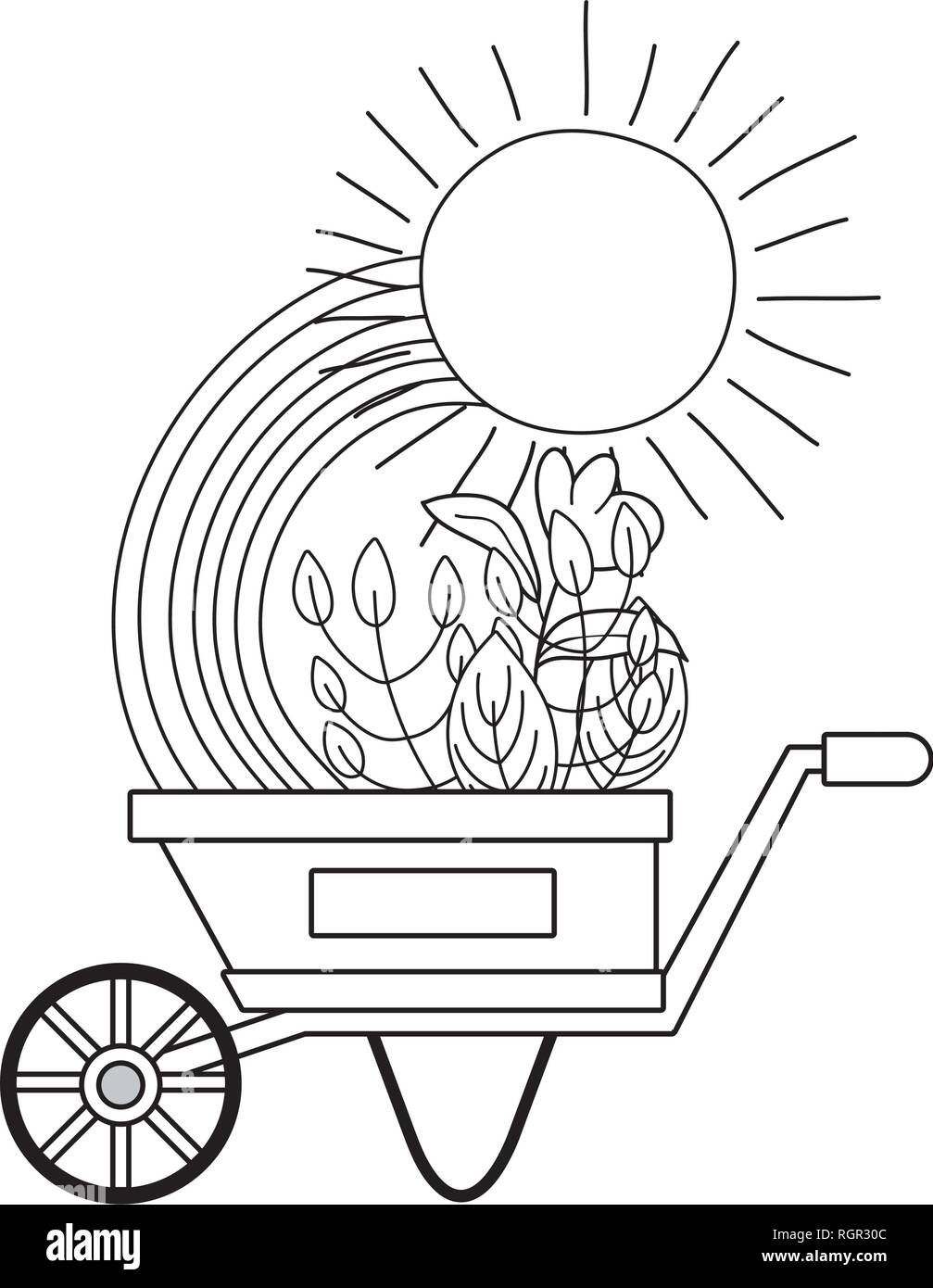 cute wheelbarrow gardening with flowers and rainbow Stock Vector Image ...