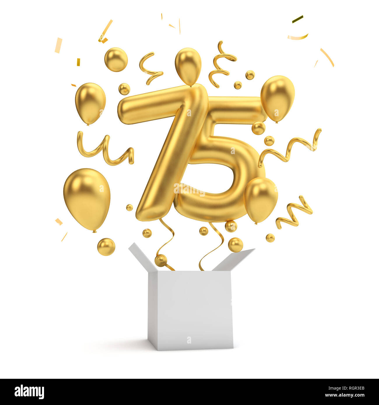 Happy 75th birthday gold surprise balloon and box. 3D ...