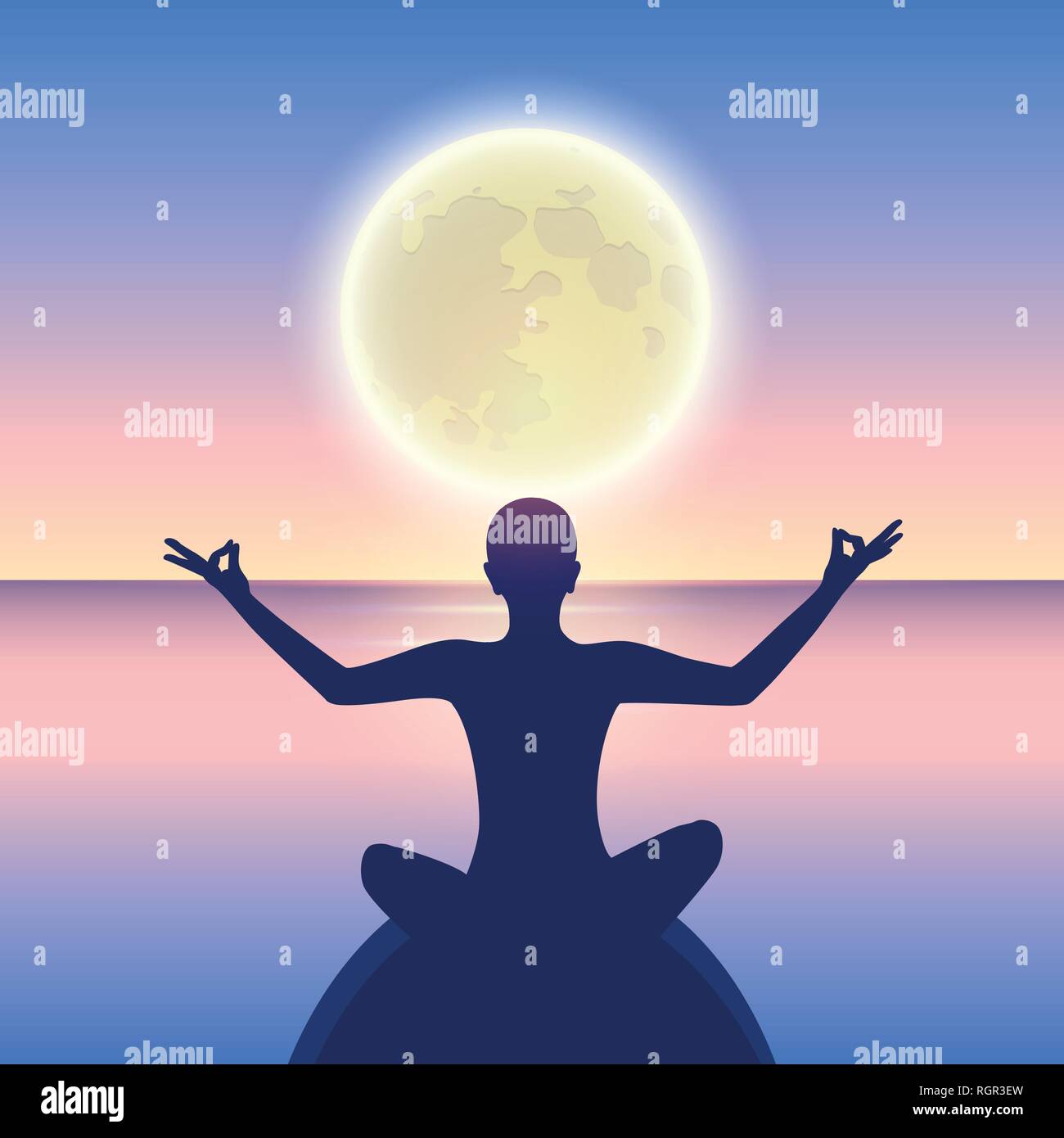peaceful meditation on a calm sea at moonlight vector illustration EPS10 Stock Vector