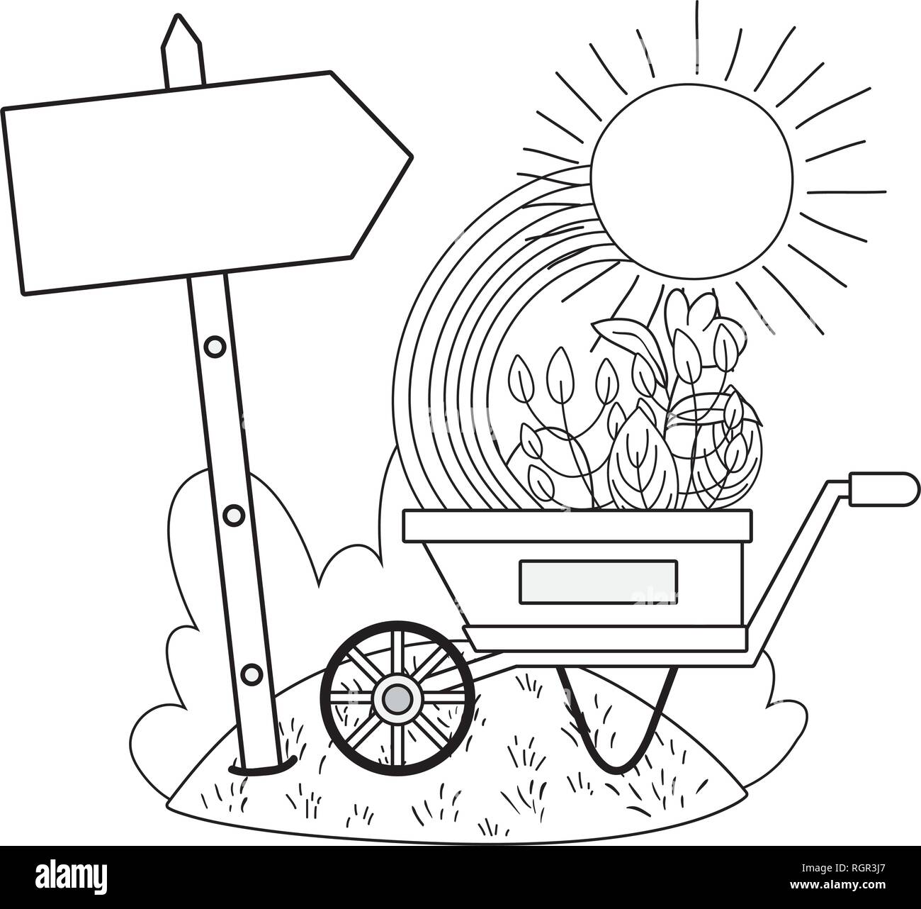 cute wheelbarrow gardening with flowers and rainbow Stock Vector Image ...