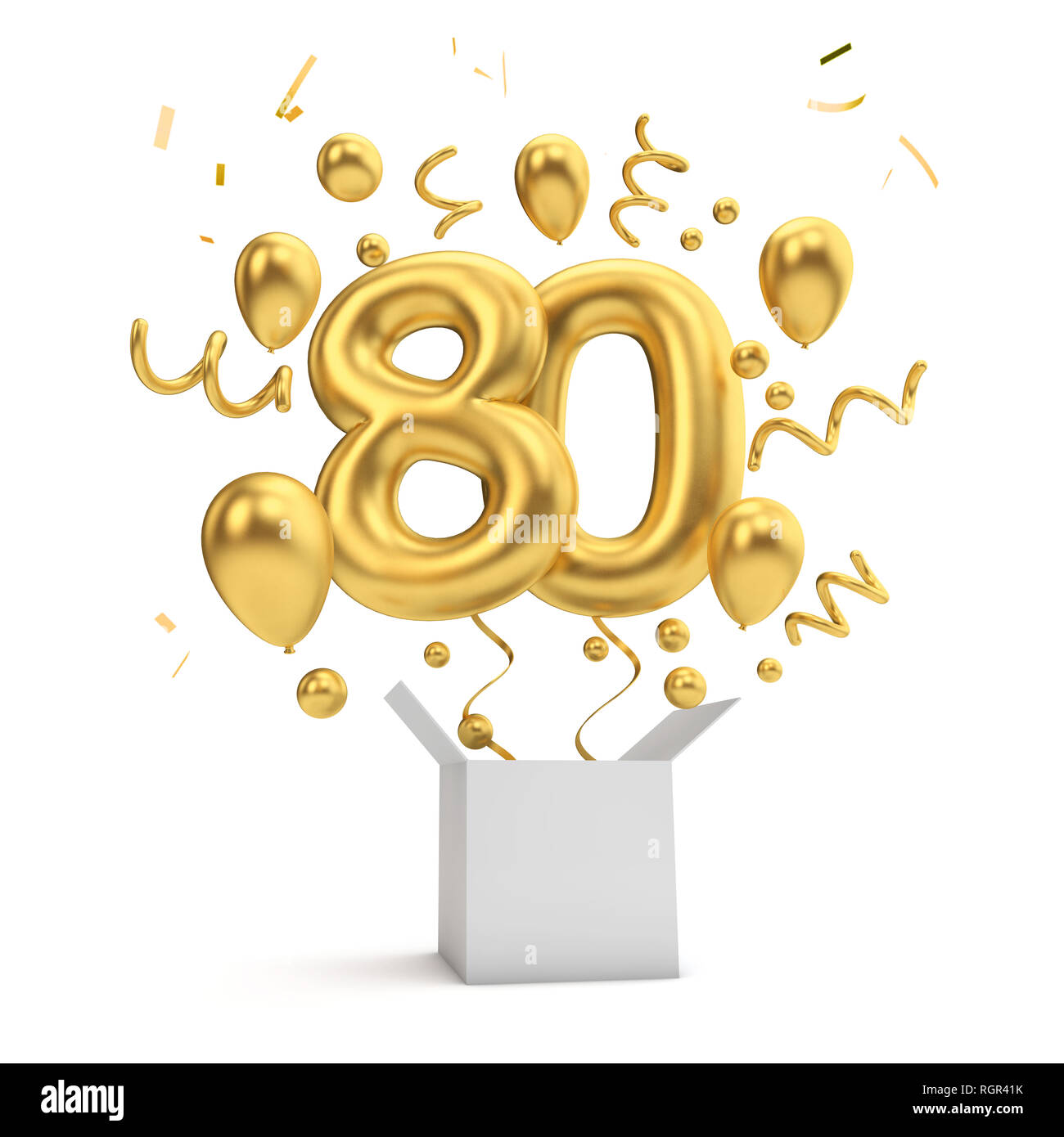 Happy 80th birthday gold surprise balloon and box. 3D Rendering Stock Photo - Alamy