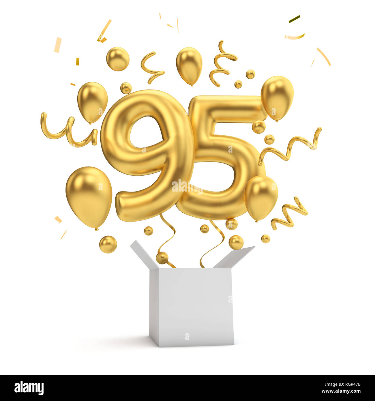 Happy 95th birthday gold surprise balloon and box. 3D Rendering Stock