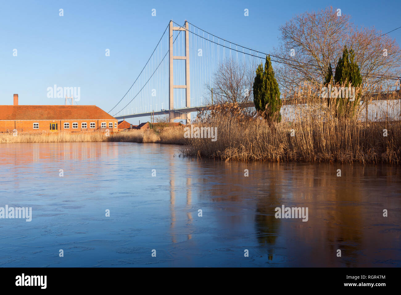 The Old Tile Works and Humber Bridge at Barton upon Humber, North Lincolnshire, UK Stock Photo