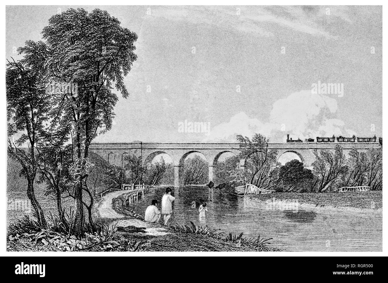 Viaduct over the river Colne near Watford steam train with passengers and bathing in the river Stock Photo