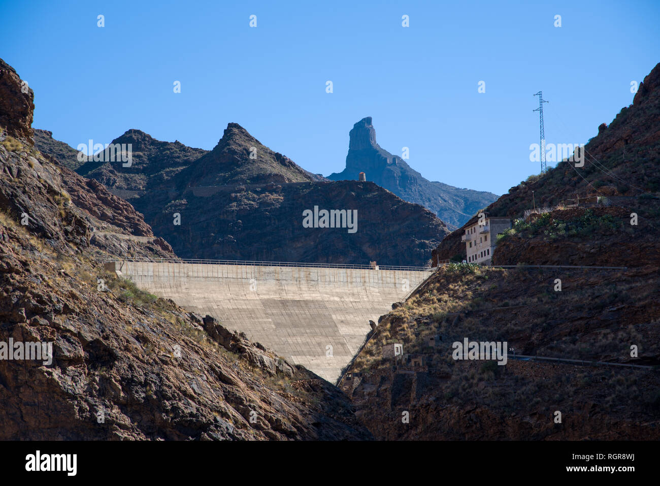 Reservoir Dam - Presa Del Parralillo in mountains, altitude 53 m in Gran Canaria, Spain, Stock Photo