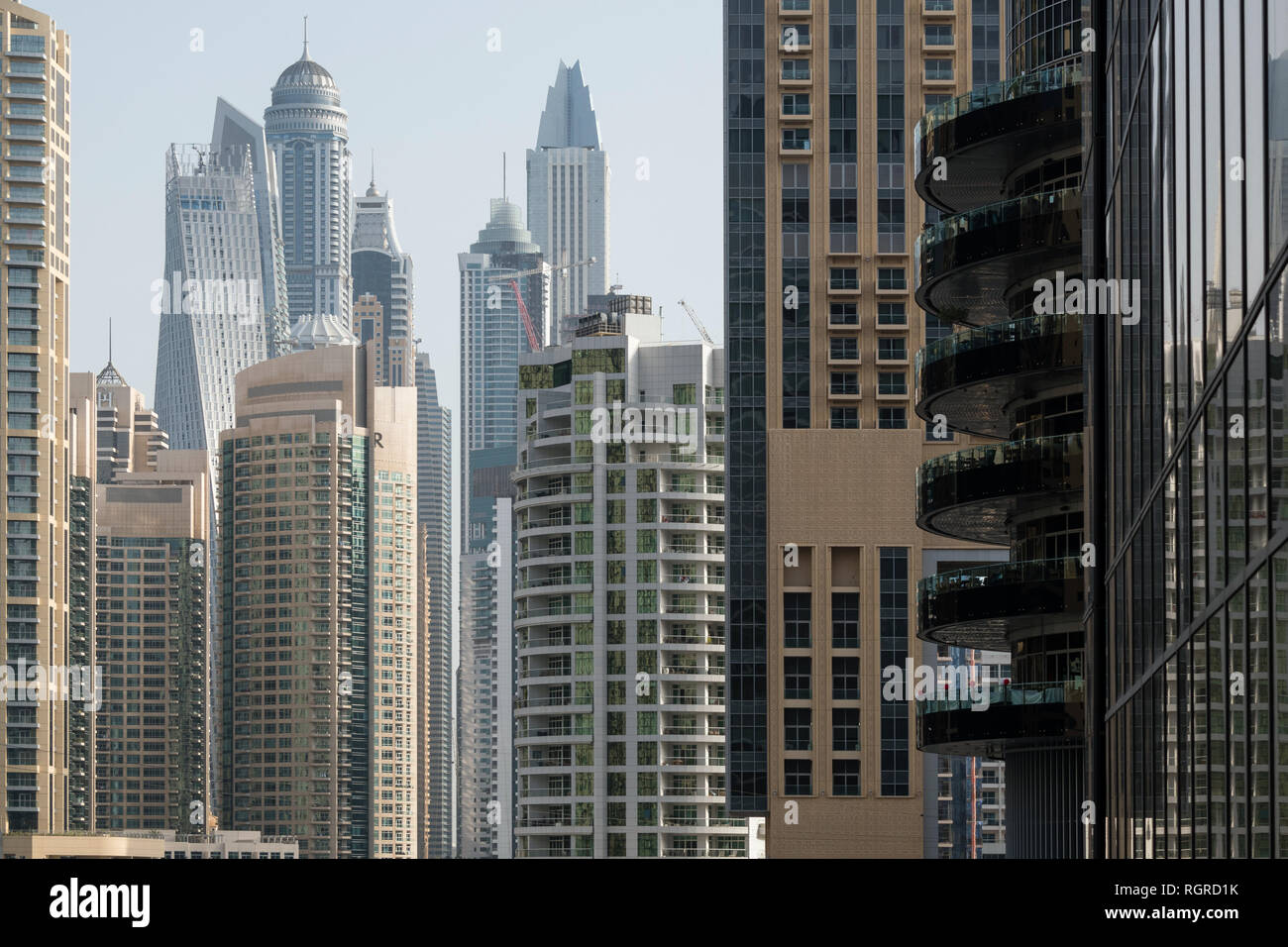 DUBAI, UAE - February 15, 2018: View of modern skyscrapers in morning light in Dubai Marina, UAE Stock Photo