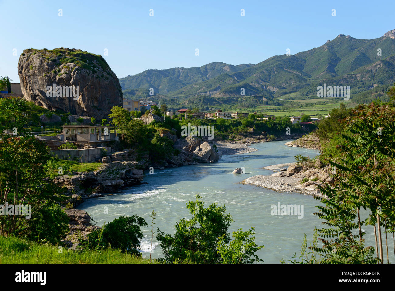 Permet, river Vjosa, Albania, solitary rock, Përmet Stock Photo