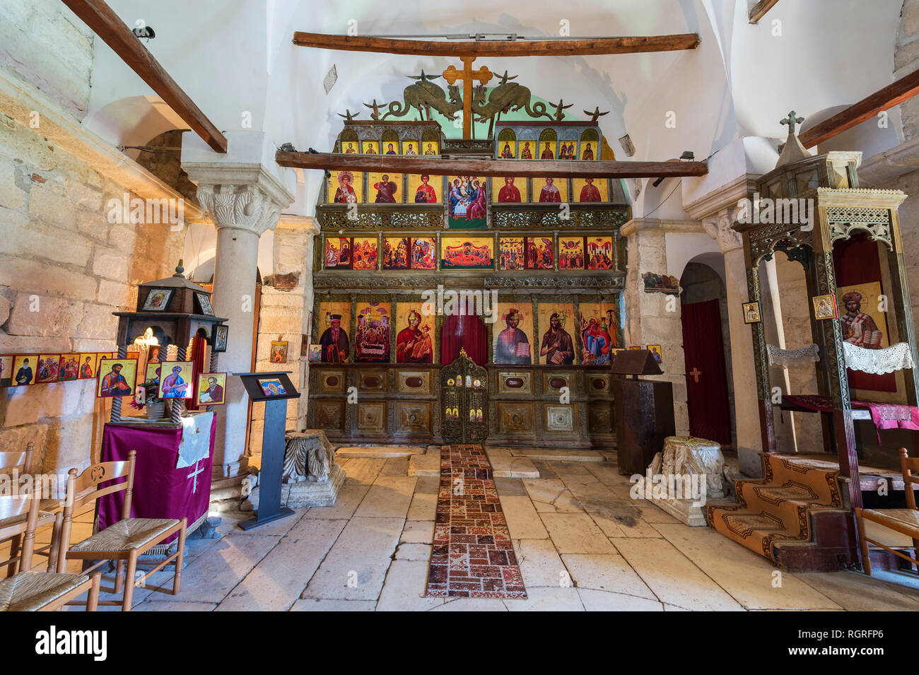 Byzantine Abbey of Pojan, Saint Mary Orthodox Church and Monastery, Interior, Iconostasis, Apollonia Archaeological Park, Pojani Village, Illyria, Alb Stock Photo