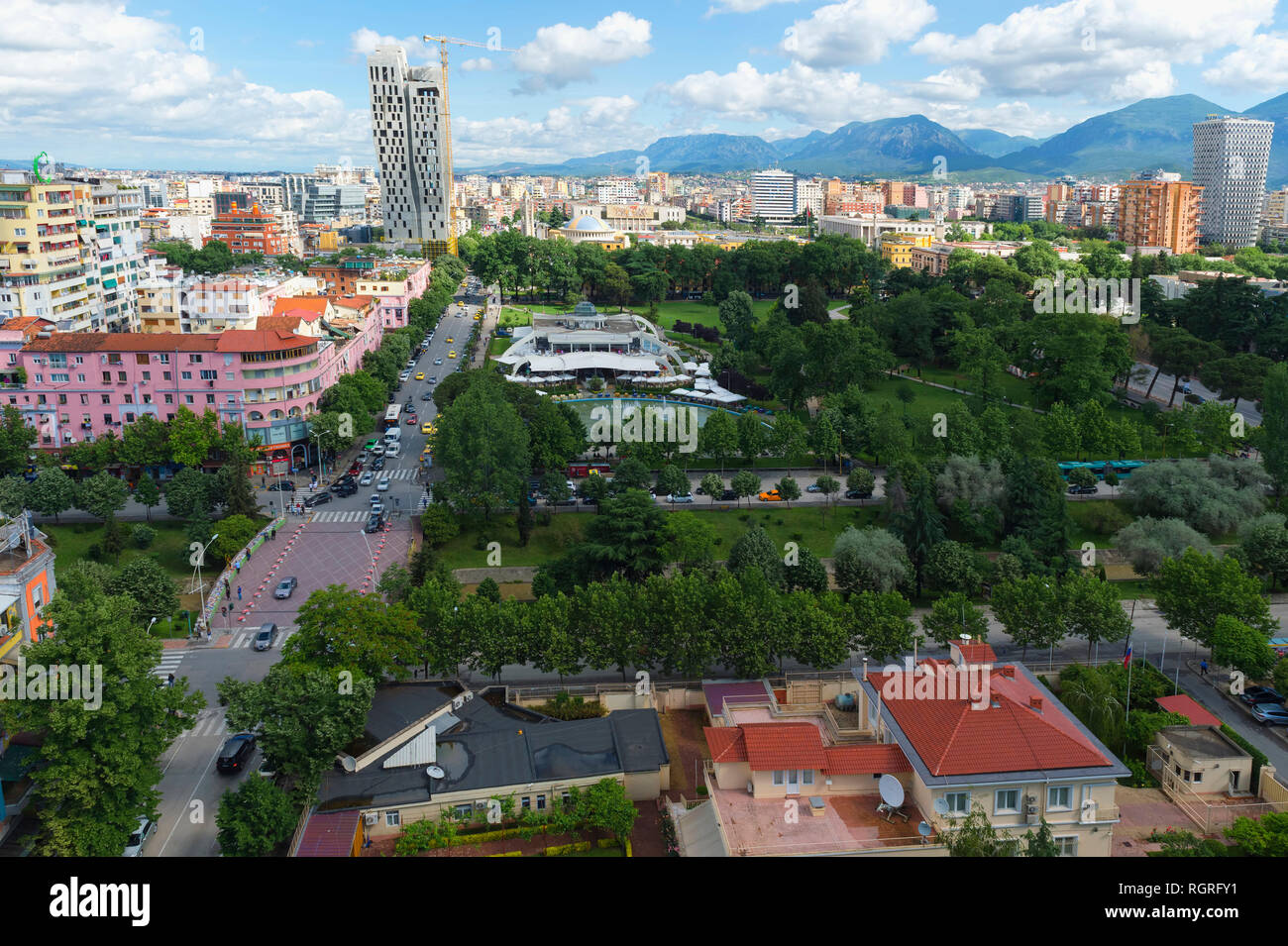 View over Tirana downtown, Rinia Park, Taivani center and new Skyscrapers, Tirana, Albania Stock Photo