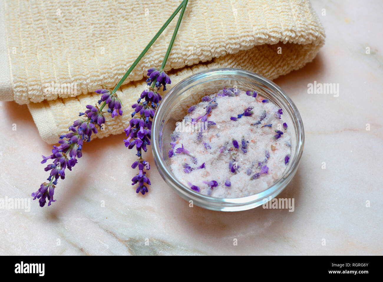 Lavender salt, sea salt with lavender blossoms, Lavandula spec. Stock Photo