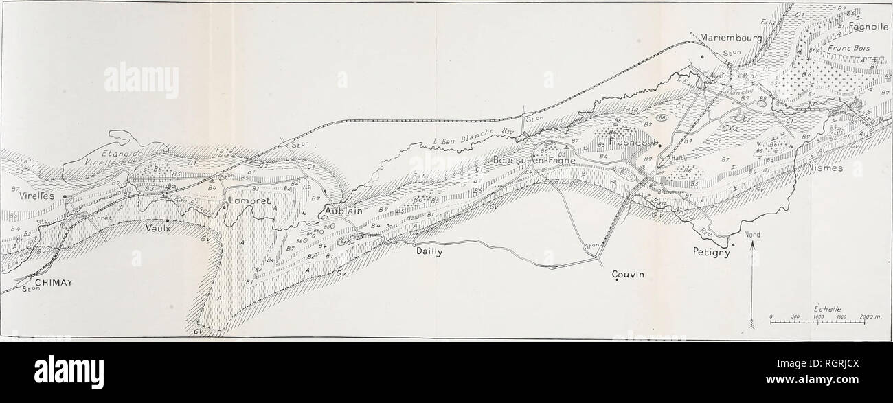 . Bulletin de la Société belge de géologie, de paléontologie et d'hydrologie. Geology; Paleontology. CARTE DU FRASNIEN ENTRE NISMES ET CHIMAY. Bullclin de la Société belge de Géologie, de Paléodlologie et d'Hydrologie. Tome XXVll (1913), Proc-verb.. Please note that these images are extracted from scanned page images that may have been digitally enhanced for readability - coloration and appearance of these illustrations may not perfectly resemble the original work.. Société belge de géologie, de paléontologie et d'hydrologie. Bruxelles : The society Stock Photo