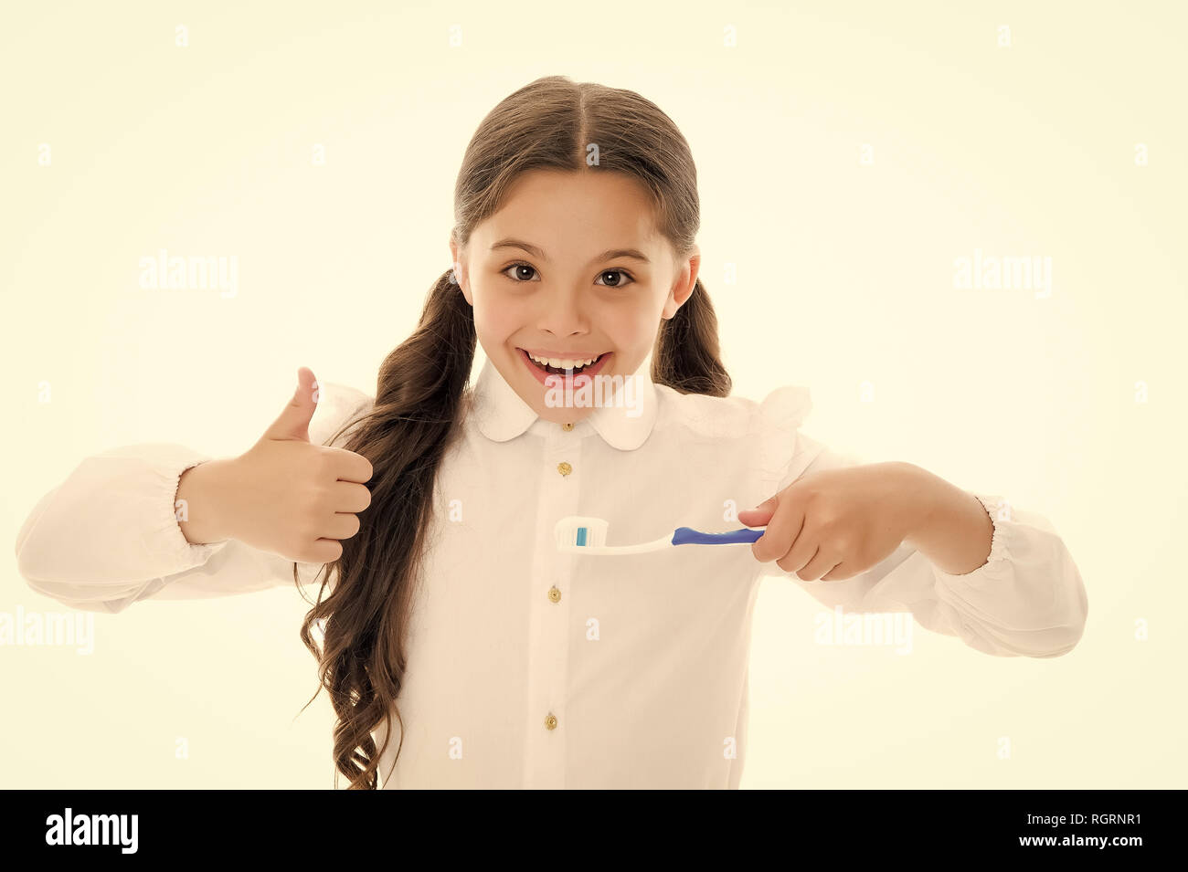 Girl Cute Long Curly Hair Holds Toothbrush White Background Child