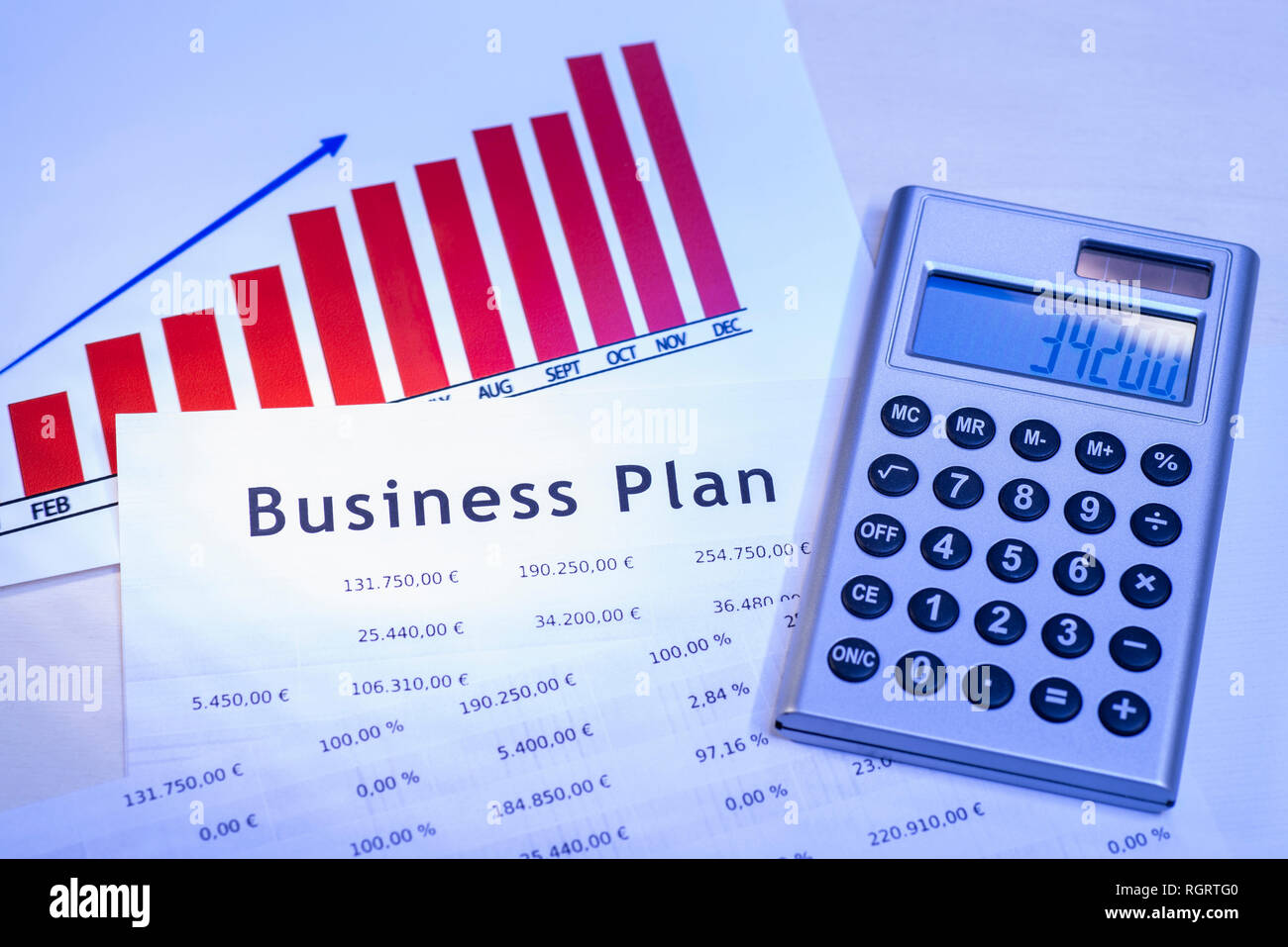 Business plan with tables, graph and a calculator. Stock Photo