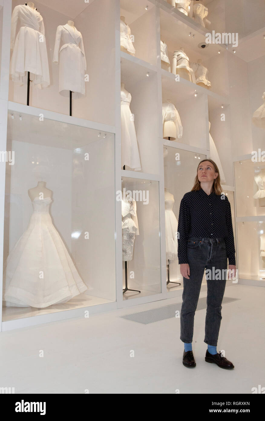 A room full of white voiles made for planning dress designs on show at the 'Christian Dior: Designer of Dreams' exhibition at the Victoria and Albert  Stock Photo