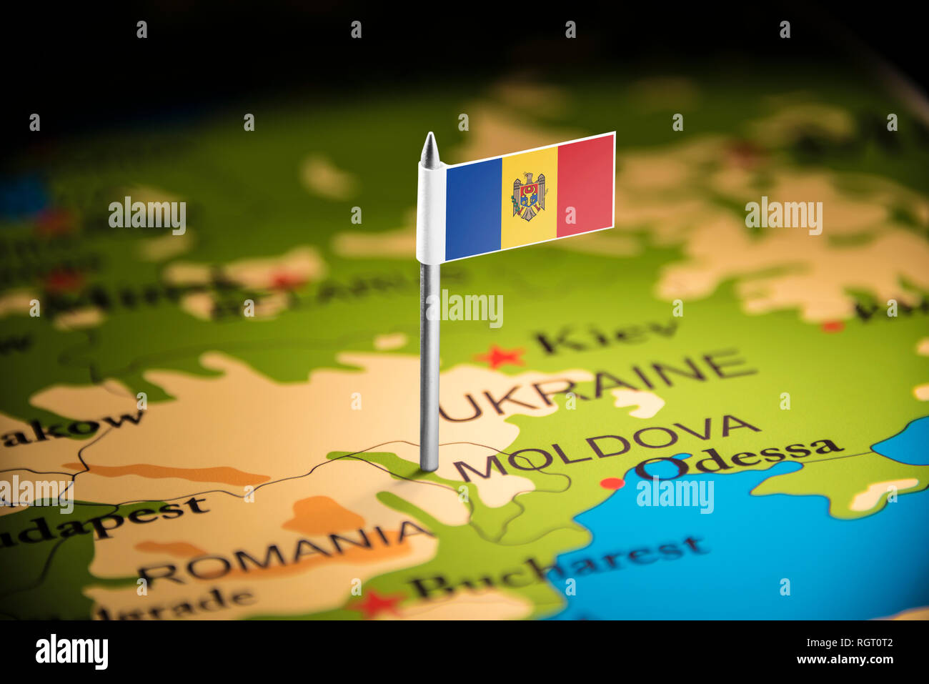 Moldova marked with a flag on the map Stock Photo