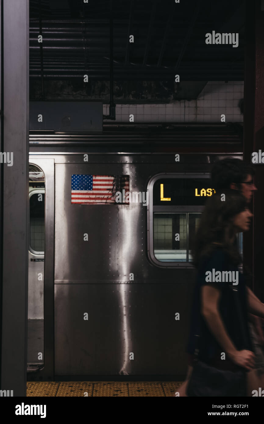 New York, USA June 2, 2018 Last stop announcement on L Line train in