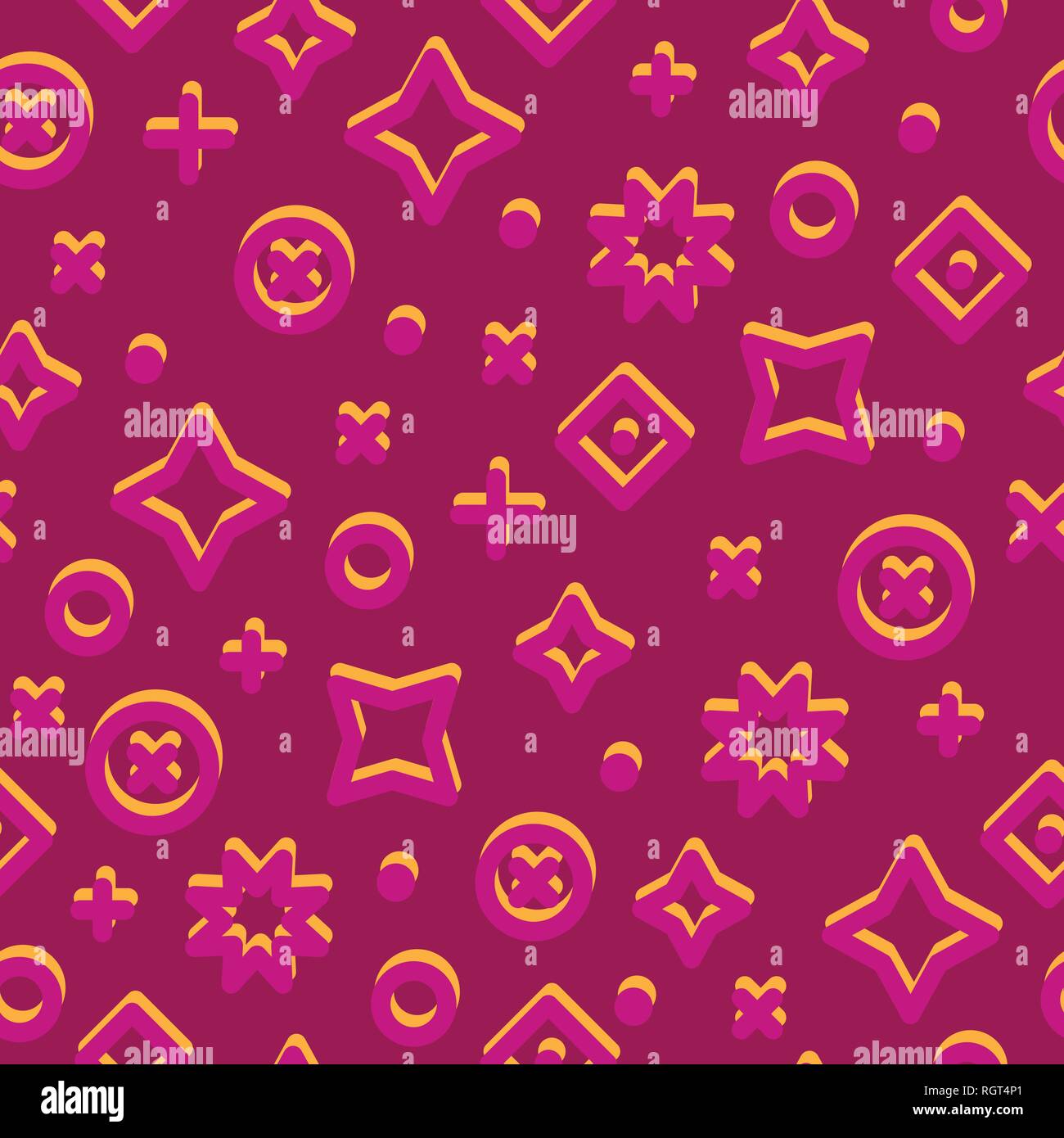 Duotone Memphis Style Abstract Geometry Seamless Pattern on Magenta Stock Vector