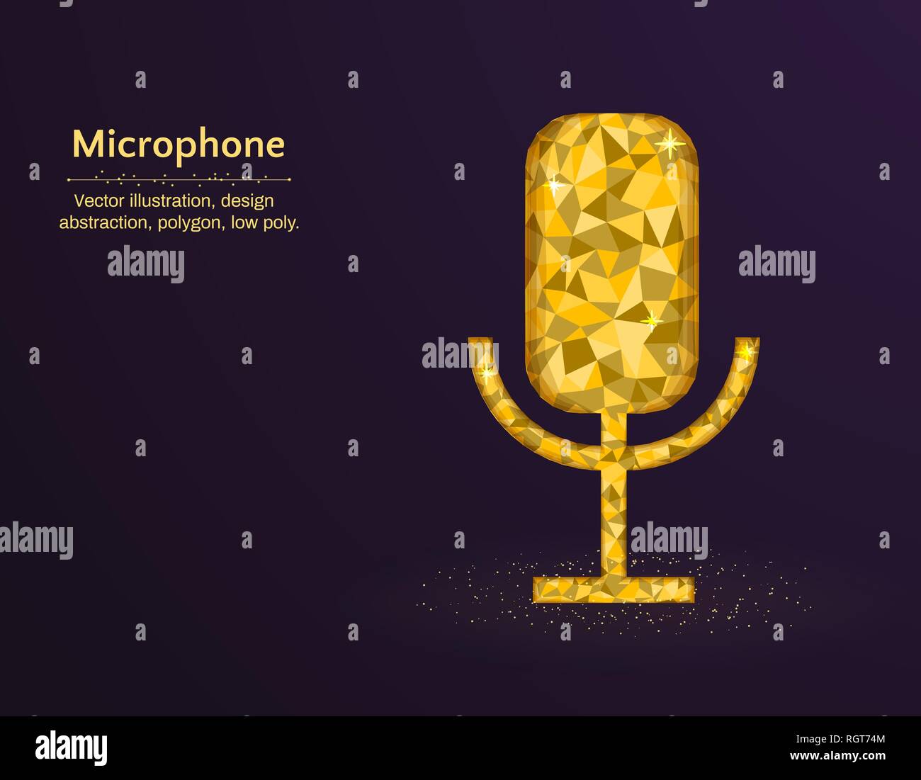 Golden microphone low poly vector illustration, polygon icon on a purple background Stock Vector