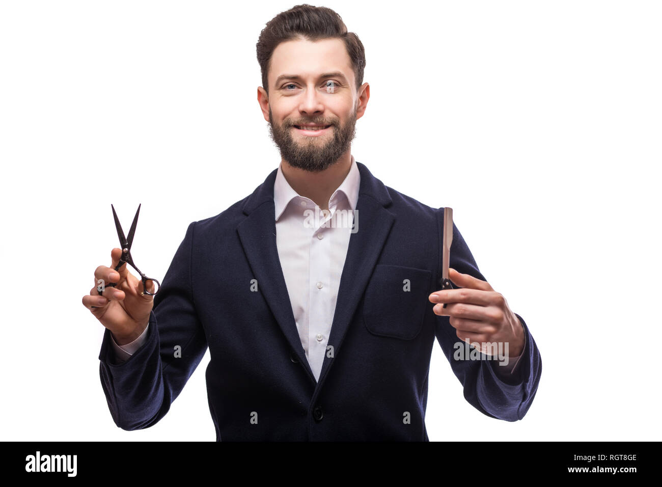 Bearded man brutal caucasian hipster with moustache holding Barber ...