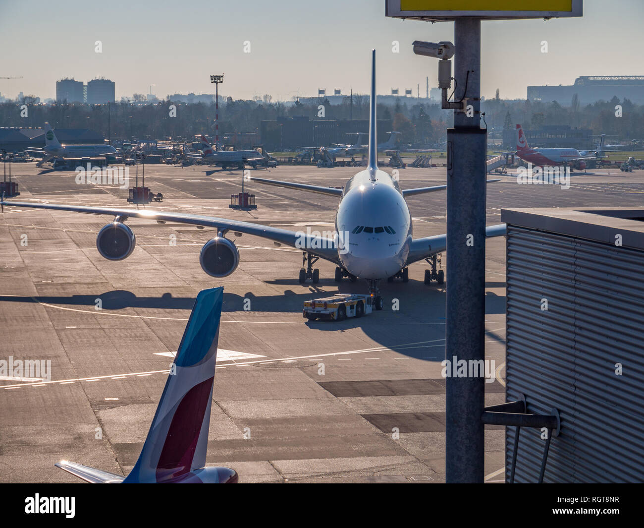 A big 'bird' during taxi. Airbus A380-800 at DUS International Airport, Germany. Stock Photo
