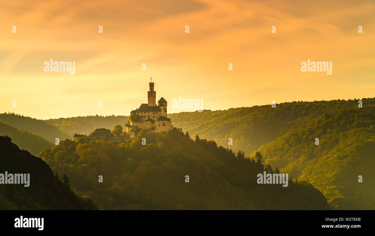 Marksburg castle, Braubach, Germany, at sunrise in autumn, view from the northwest side Stock Photo