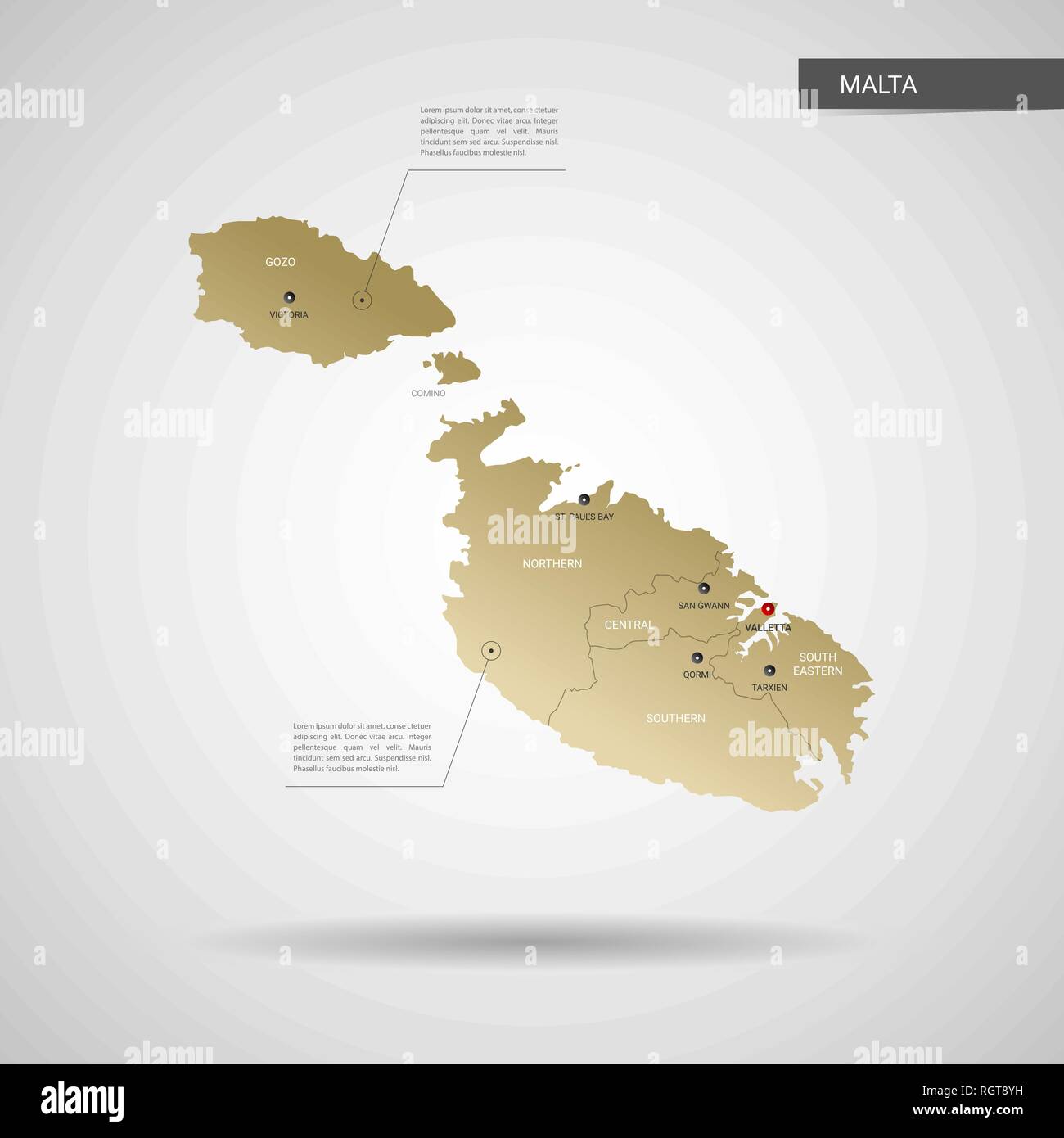 Stylized vector Malta map.  Infographic 3d gold map illustration with cities, borders, capital, administrative divisions and pointer marks, shadow; gr Stock Vector