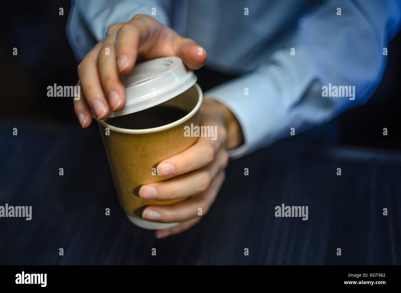 Barista serves coffee to the client. Hands Paper cup Bar counter ...