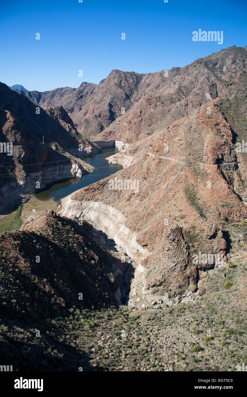 View of Dam - Presa Del Parralillo I'm mountains, altitude 53 m in valley Barranco De La Aldea de San Nicolas , Gran Canaria, Spain Stock Photo