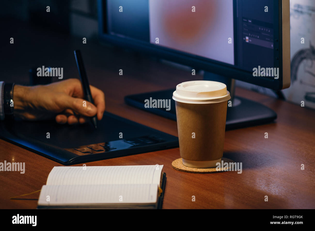 Desktop side view. Computer Graphics Tablet Diary Cup of coffee Hand.  Concept for website banner, mockup, background, presentation and marketing  mater Stock Photo - Alamy