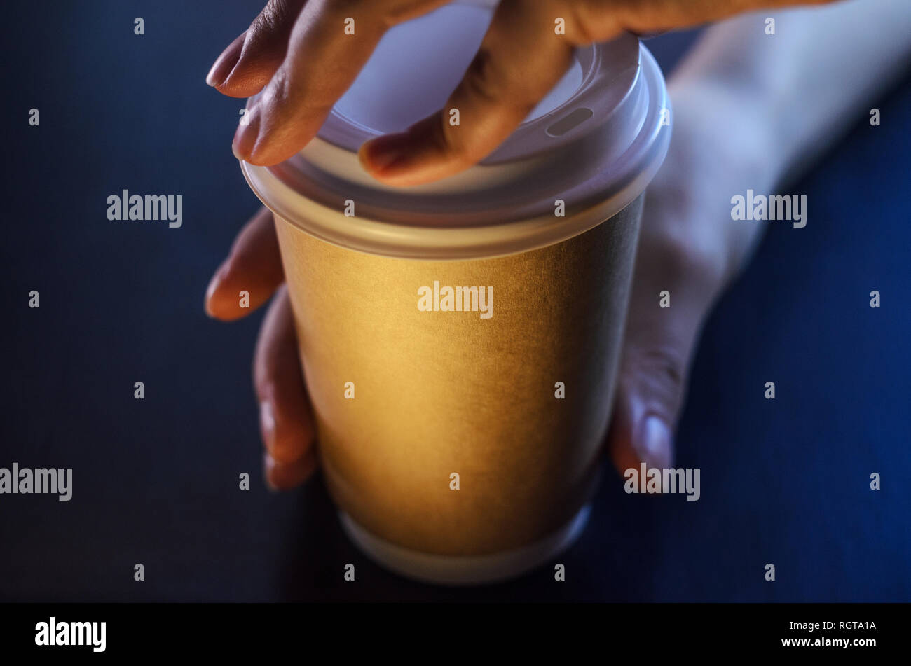 Barista serves a cup of coffee. Paper cup Plastic cap Coffee Barista ...