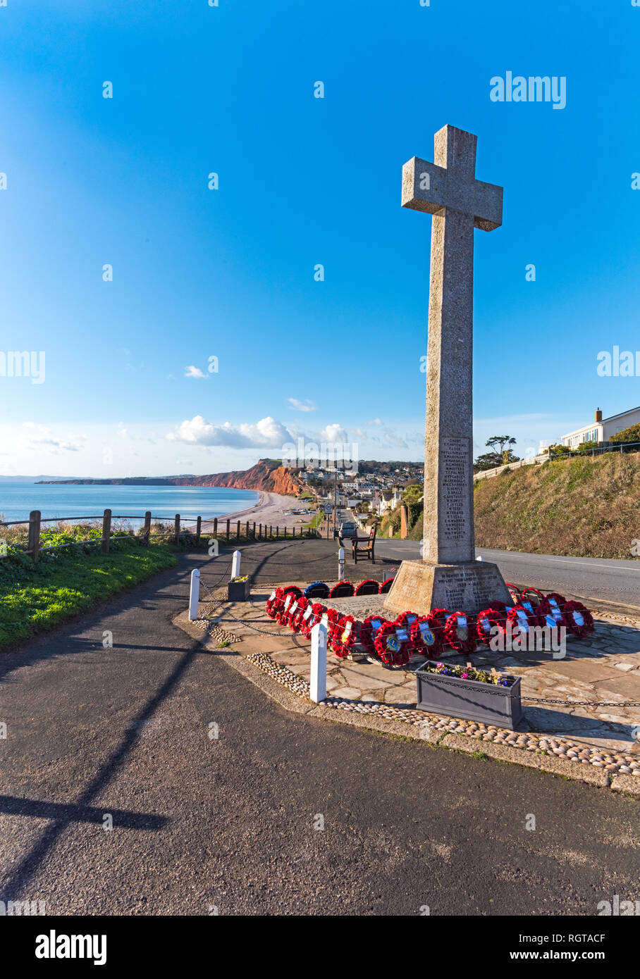 BUDLEIGH SALTERTON, EAST Devon, UK - 17JAN2019: The War Memorial at the top of Salting Hill with the town and view to the west in the background. Stock Photo
