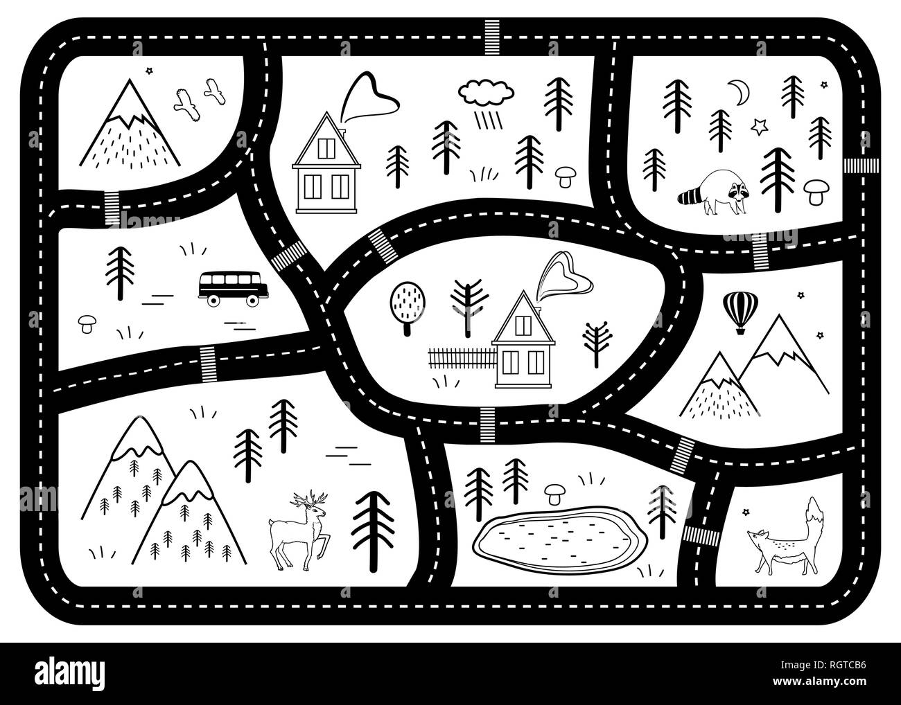 Black and White Kids Road Play Mat. Vector River, Mountains and Woods Adventure Map with Houses and Animals. Scandinavian Style Art. Stock Vector