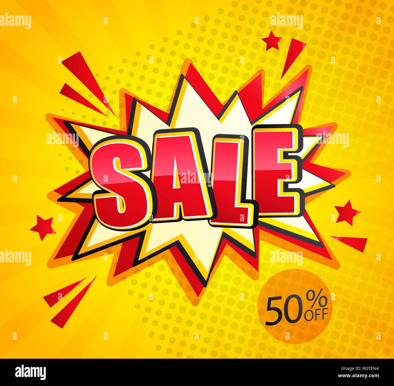 Comic Sale Boom banner in retro pop art style on sunburst background with dots,50 percent off.Special offer card, discount template, sticker tag, labe Stock Vector