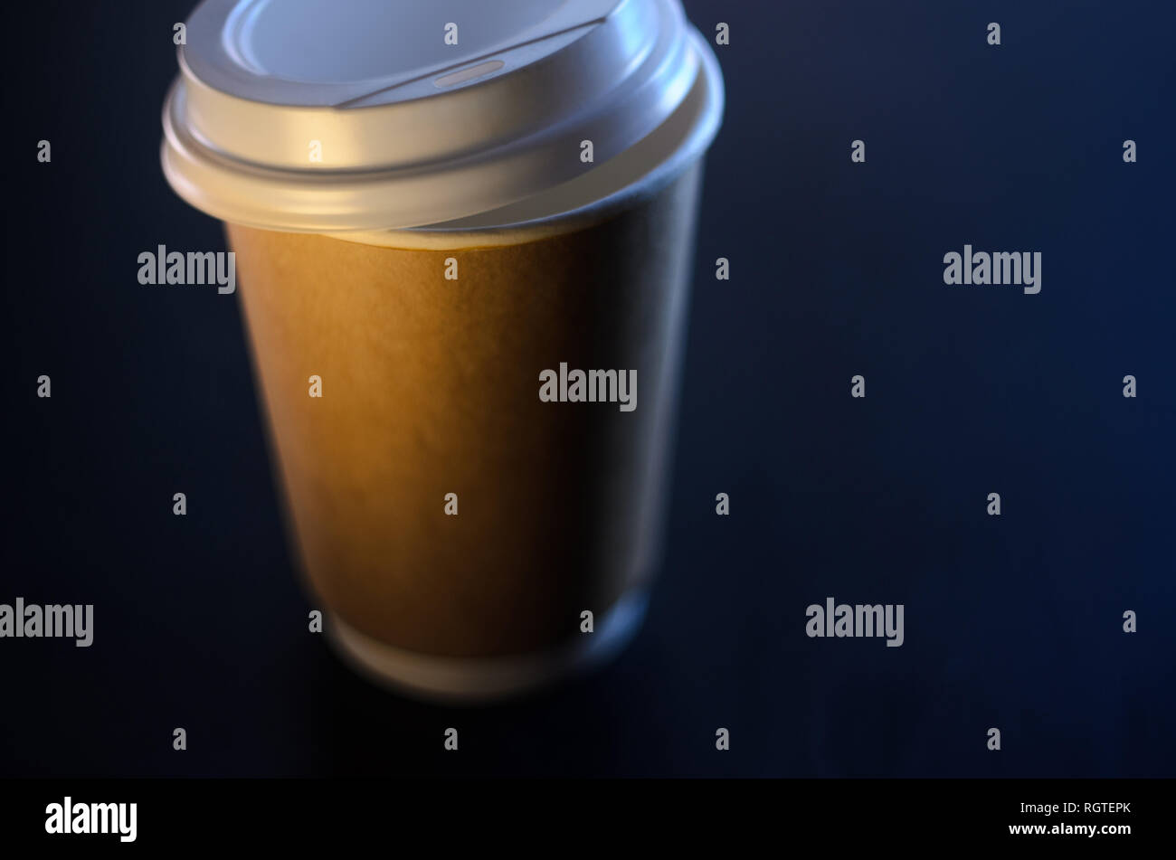 A cup of coffee on the table. Paper cup Wooden table Plastic cap Coffee Expectation. Coffee take