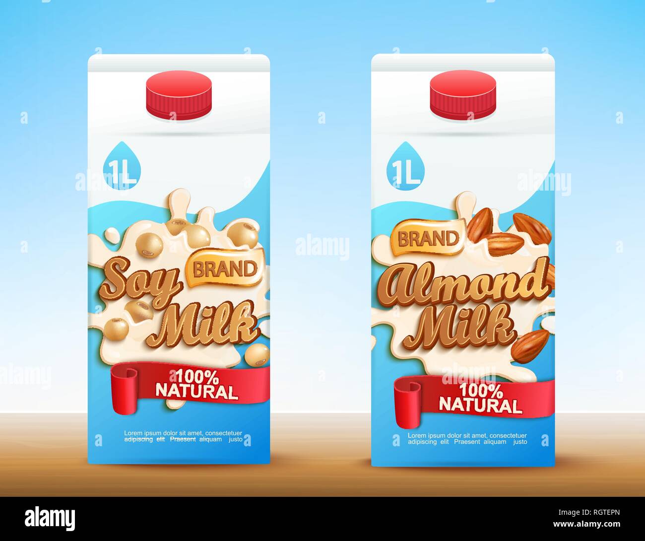 Set of two milk tetra packs with different tastes.Fresh and natural soy and almond milk for your brand,logo, template, label, emblem for packaging, pa Stock Vector