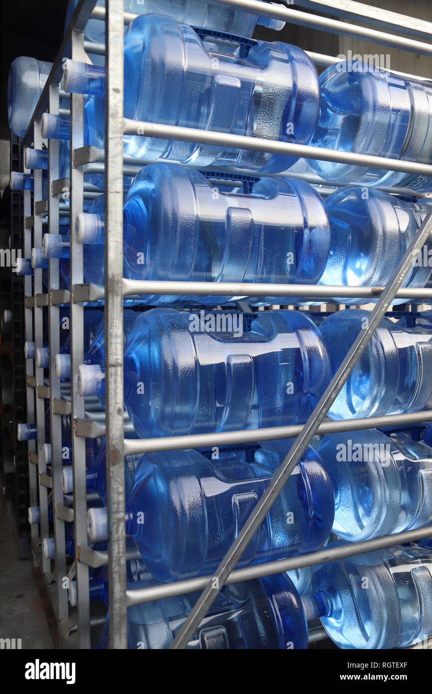 Large Five Gallon Water Bottles in food service industry Stock Photo