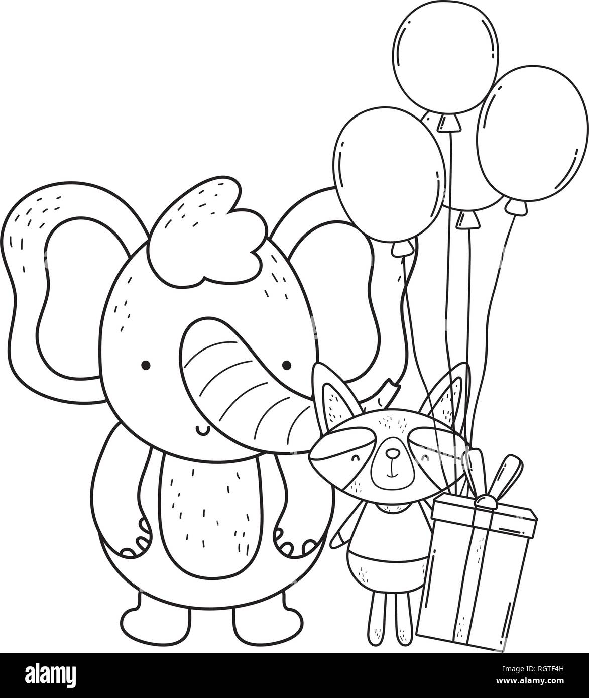 little raccoon and elephant with balloons helium Stock Vector Image