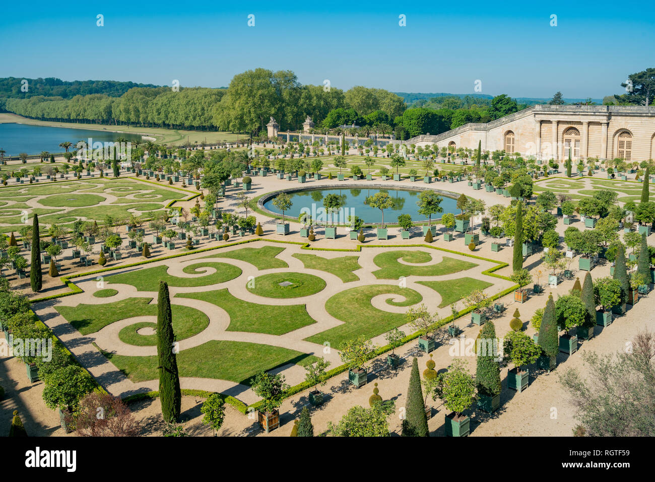 The beautiful garden, fountain of Place of Versailles at France Stock Photo