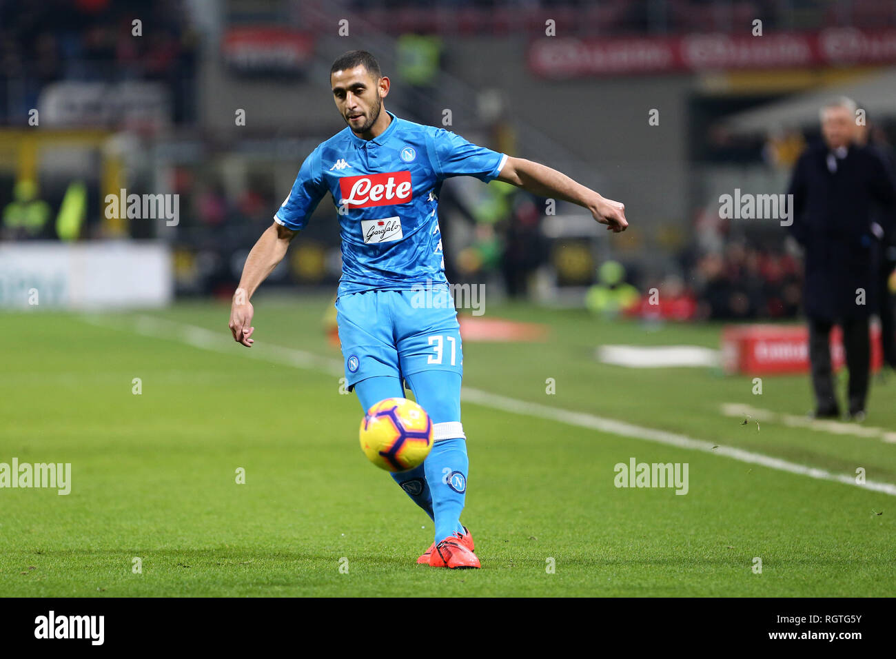Milano, Italy. 26th January, 2019.  Faouzi Ghoulam of Ssc Napoli in action   during the Serie A football match between AC Milan and Ssc Napoli. Stock Photo