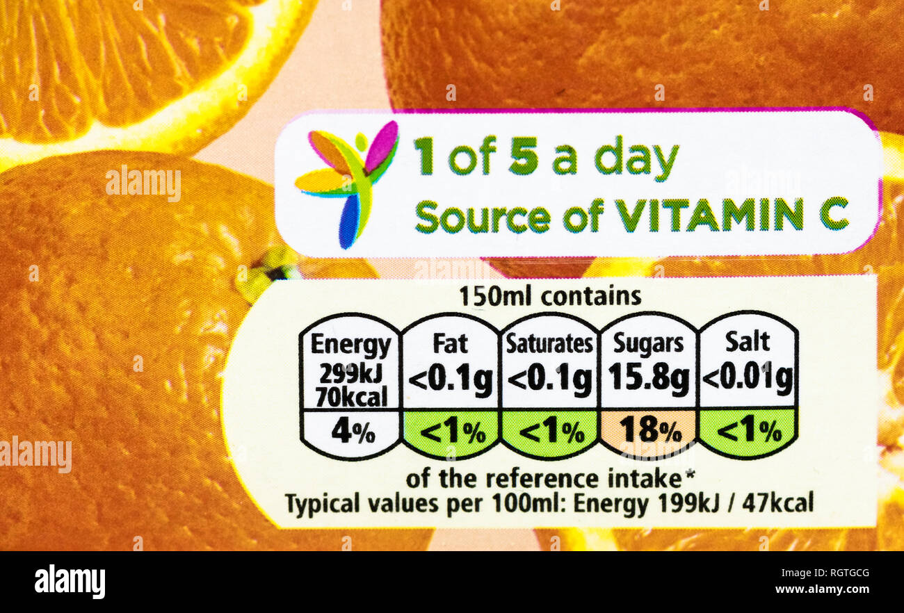 Traffic light system used on food and drink packaging for human consumption in the UK. Stock Photo