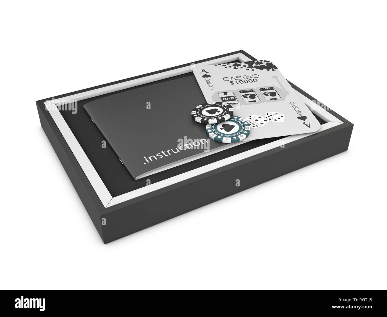 Opened rectangular box with casino chips and poker card on white background, 3d rendering. Stock Photo