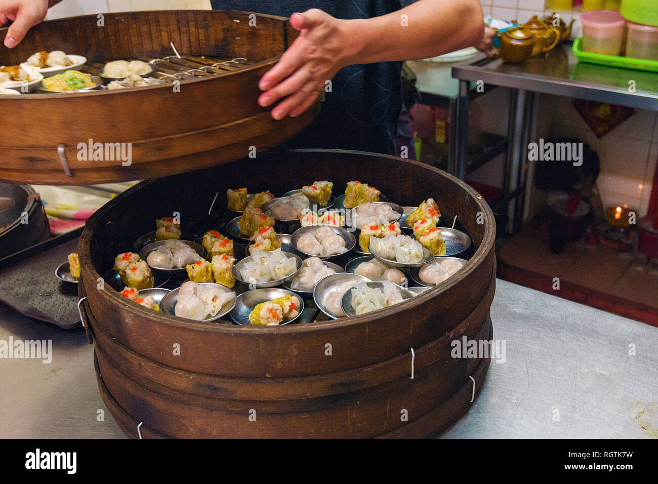 bamboo basket filled with dim sum in a renowned restaurant of George ...
