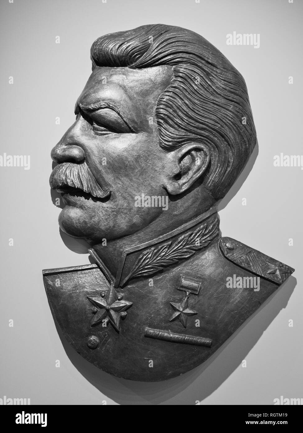 Bas-relief sculpture, portrait of Soviet dictator Joseph Stalin displayed at Russian Museum (Museo Ruso) in Malaga Spain. Stock Photo